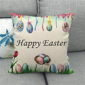 Close-up of Happy Easter linen pillowcase showing detailed egg and floral fabric texture