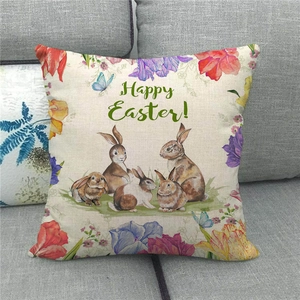 Detailed close-up of Happy Easter linen pillowcase with bunnies and tulip prints