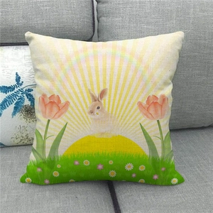 Detailed weave of linen pillowcase featuring a realistic bunny and tulip garden print