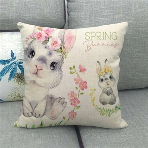 Funda de cojín de Pascua de lino con conejo de acuarela y diseño de flores primaverales
