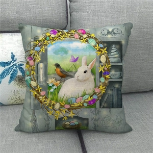 Detailed macro view of the linen fabric texture and Easter rabbit pattern on the pillow case