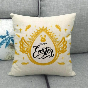Macro shot of textured linen fabric with Happy Easter gold bunny print and crown