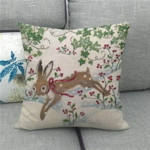 Easter rabbit and winter berries illustration on square linen throw pillow cover
