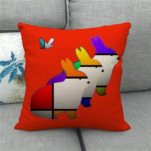 Detailed texture of red linen cushion cover with artistic geometric rabbit print