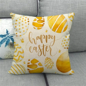 Close-up of Happy Easter linen pillowcase texture and festive egg print on grey sofa