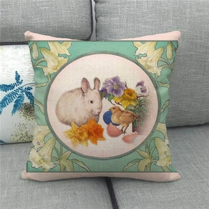 Detailed close-up of linen pillowcase fabric texture with vintage Easter bunny illustration