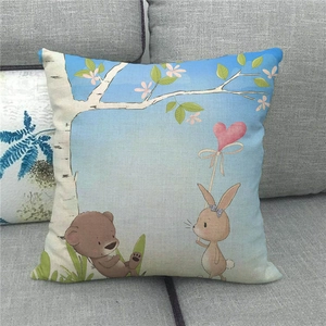 Detailed texture of linen throw pillow cover with Easter bunny and bear cartoon prints