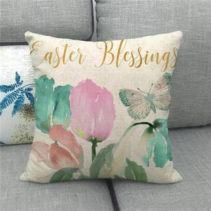 Detail of Easter Blessings text and watercolor floral design on linen pillowcase