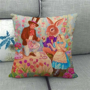 Detailed view of Alice in Wonderland tea party print on linen square pillowcase