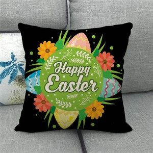 Easter Happy Eggs and Bunny linen throw pillow cover on a grey sofa background