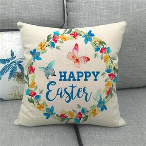 Detailed texture of linen Easter pillowcase featuring Happy Easter print and floral wreath