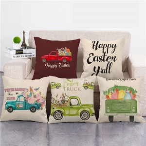 5er Set Oster-Kissenbezüge aus Leinen mit Hasen und Vintage-Truck-Motiven für das Sofa
