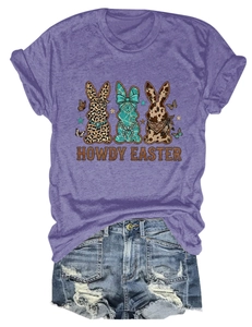 Détail du t-shirt Howdy Easter avec graphiques de lapins aux motifs léopard et vache