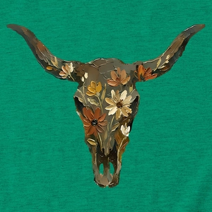 Detail of floral bull skull oil painting print on vibrant green knit T-shirt fabric