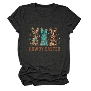 Détail de l'imprimé lapin Howdy Easter sur t-shirt gris chiné en coton à col rond