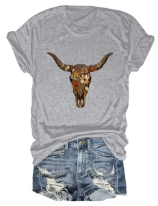 Detail of bohemian bull skull and floral print on grey crew neck short sleeve t-shirt