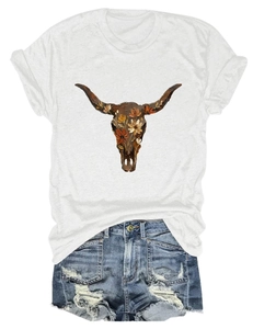 Flat lay of a white crew neck T-shirt with a floral bull skull print and denim shorts
