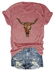 Detail view of brick red t-shirt with floral bull skull print and ripped denim shorts