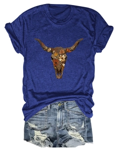 Detailed view of bohemian floral bull skull print on navy blue cotton summer T-shirt