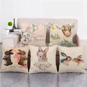 Happy Easter Cushion Cover Linen Cotton Bunny Rabbit Eggs Print Decorative Square Pillowcase Spring Home Decor