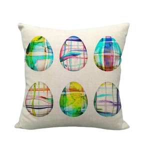 Linen Easter pillowcase with six colorful painted eggs in a grid on white background