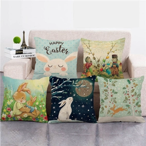 Easter Bunny Decorative Pillowcase Linen Cotton Blend Cushion Cover Spring Rabbit Egg Print Home Decor