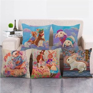 Linen Easter Bunny Pillowcase Happy Easter Egg Rabbit Pattern Square Cushion Cover For Sofa Home Decor