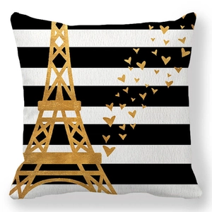 Housse de coussin rayée noir et blanc avec tour Eiffel dorée et petits motifs de cœurs