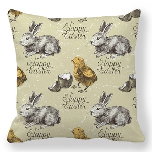 Detail of Happy Easter peach skin pillowcase with vintage rabbit and chick sketch
