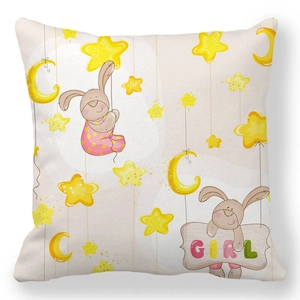 Detail of soft peach skin pillowcase with cute bunny, stars and moon illustration