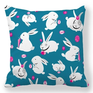 Easter bunny and colorful eggs pattern on teal square peach skin pillowcase
