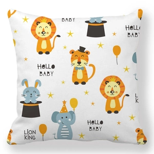 Detailed view of square pillowcase with cute cartoon lion tiger and elephant patterns