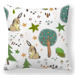 Detailed view of square peach skin pillowcase with Easter rabbit and forest hand-drawn print