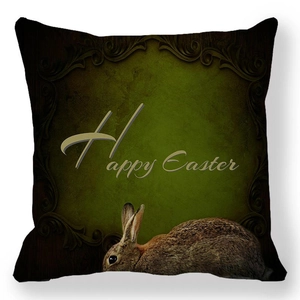 Macro shot of Happy Easter pillowcase texture with vintage rabbit and floral border