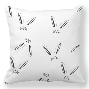 Detail of minimalist white peach skin pillowcase with black bunny line art print