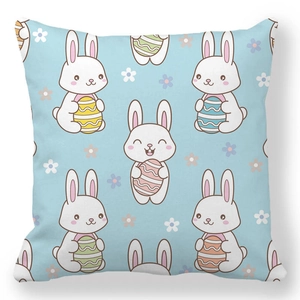 Detail of soft peach skin pillowcase with Easter rabbit and colorful egg patterns