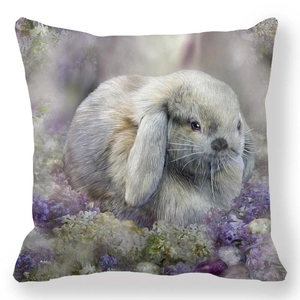 Detailed close-up of a rabbit and lilac flowers printed on a peach skin pillowcase