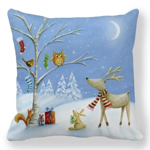 Detailed view of festive rabbit and reindeer holiday pattern on soft square pillowcase