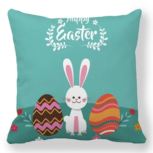 Happy Easter peach skin throw pillow cover with white bunny and colorful eggs design