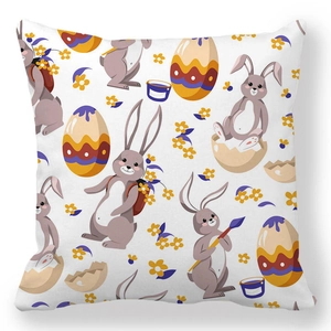Macro detail of Easter peach skin pillowcase showing purple rabbits and painted eggs