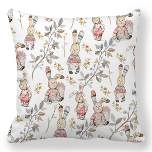 Detail of soft peach skin pillowcase with watercolor Easter bunny and floral motifs
