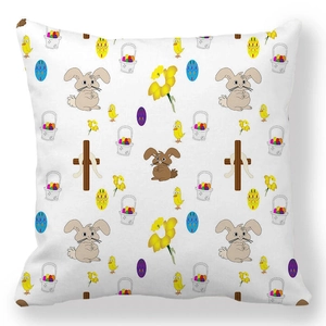 Detail of Easter peach skin pillowcase with bunnies, eggs and cross patterns