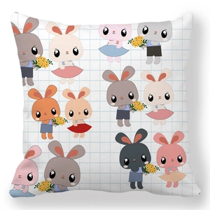 Detail of bunny and blue plaid print on a soft square Easter peach skin pillowcase