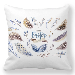 Detail of soft peach skin fabric texture with Happy Easter feathers and berries print