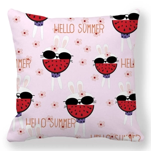 Detail of soft peach skin cushion cover with pink Hello Summer rabbit and watermelon print