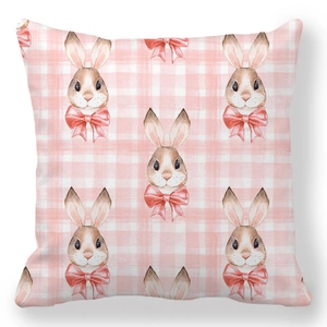Detail of Easter peach skin pillowcase with pink plaid and cute bunny patterns