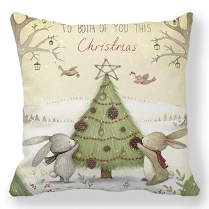 Detail of soft peach skin pillowcase with Easter bunnies decorating a tree illustration