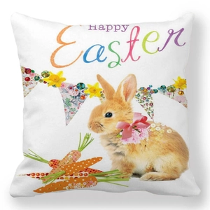 Macro detail of Happy Easter pillowcase featuring brown bunny, carrots and floral patterns