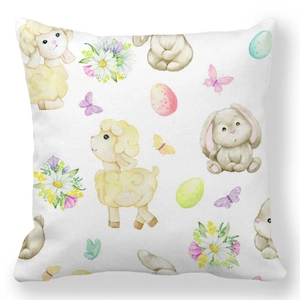 Detail of soft peach skin pillowcase with Easter bunny and watercolor egg patterns