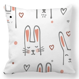Detail of Easter pillowcase featuring grey cartoon rabbit, hearts and pink polka dots pattern
